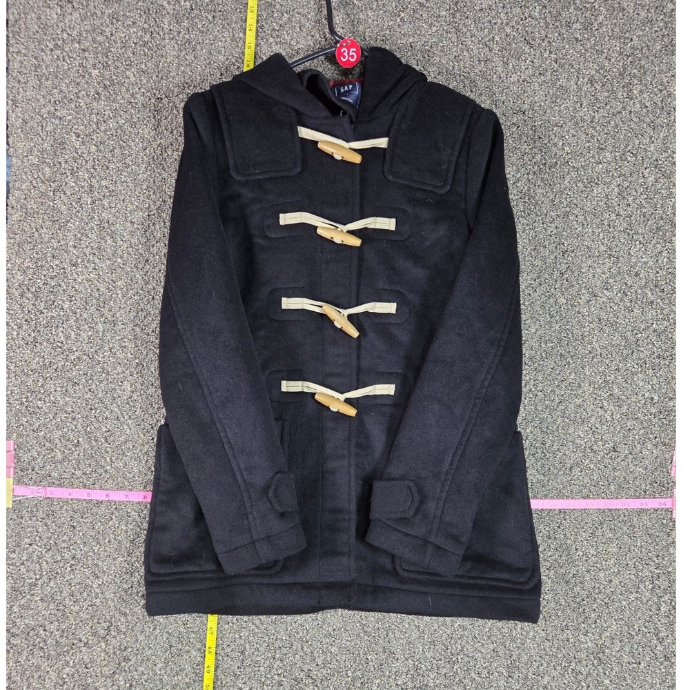 GAP Duffle Coat Women S Black Wool Blend Toggle Hooded Plaid Lined Classic